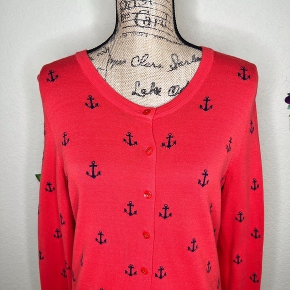 Tommy Hilfiger Button Down Red-Orange with Navy Anchors Sweater Cardigan Size M - Picture 4 of 8